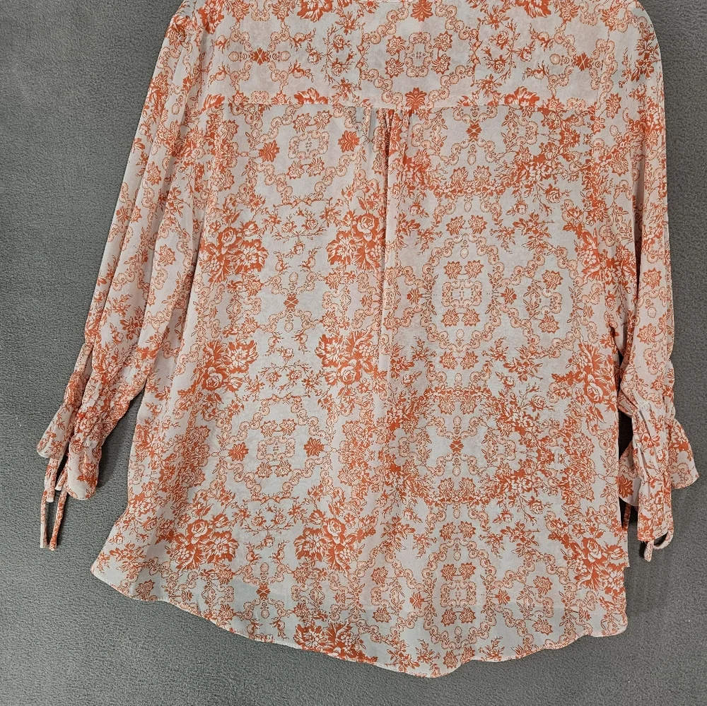 Umgee USA Large Popover Sheer Shirt Orange Floral Ruffle Sleeve Boho Cottagecore - Picture 10 of 11